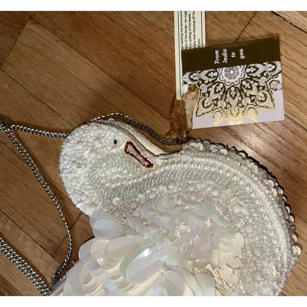Viral White Swan Beaded Sequin Bag Crossbody From India to You NWT